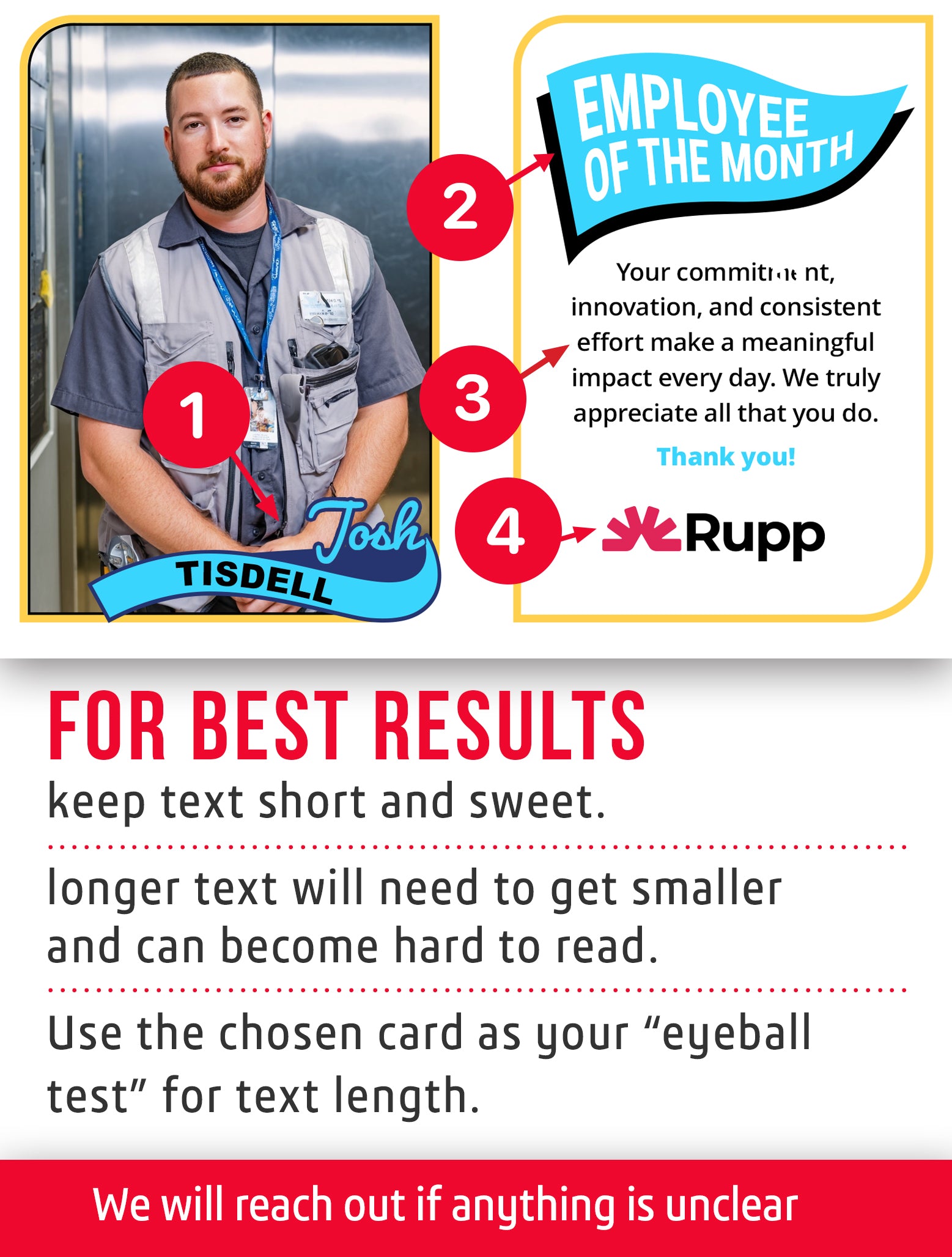 Employee of the Month card template named Reggie with a person named Josh Tisdell and company logo.