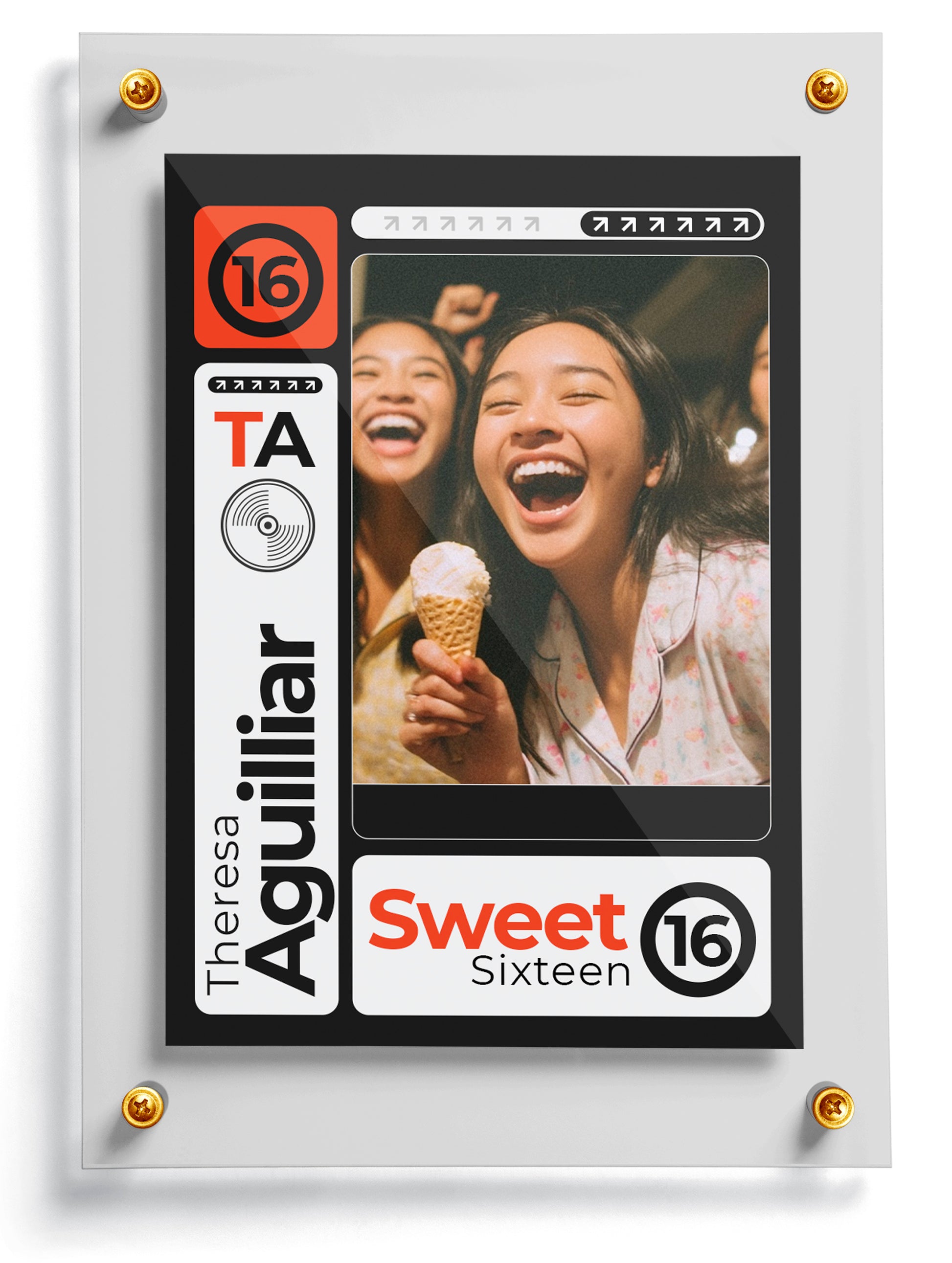 Personalized trading card template for Sweet Sixteen featuring a group of smiling young women.