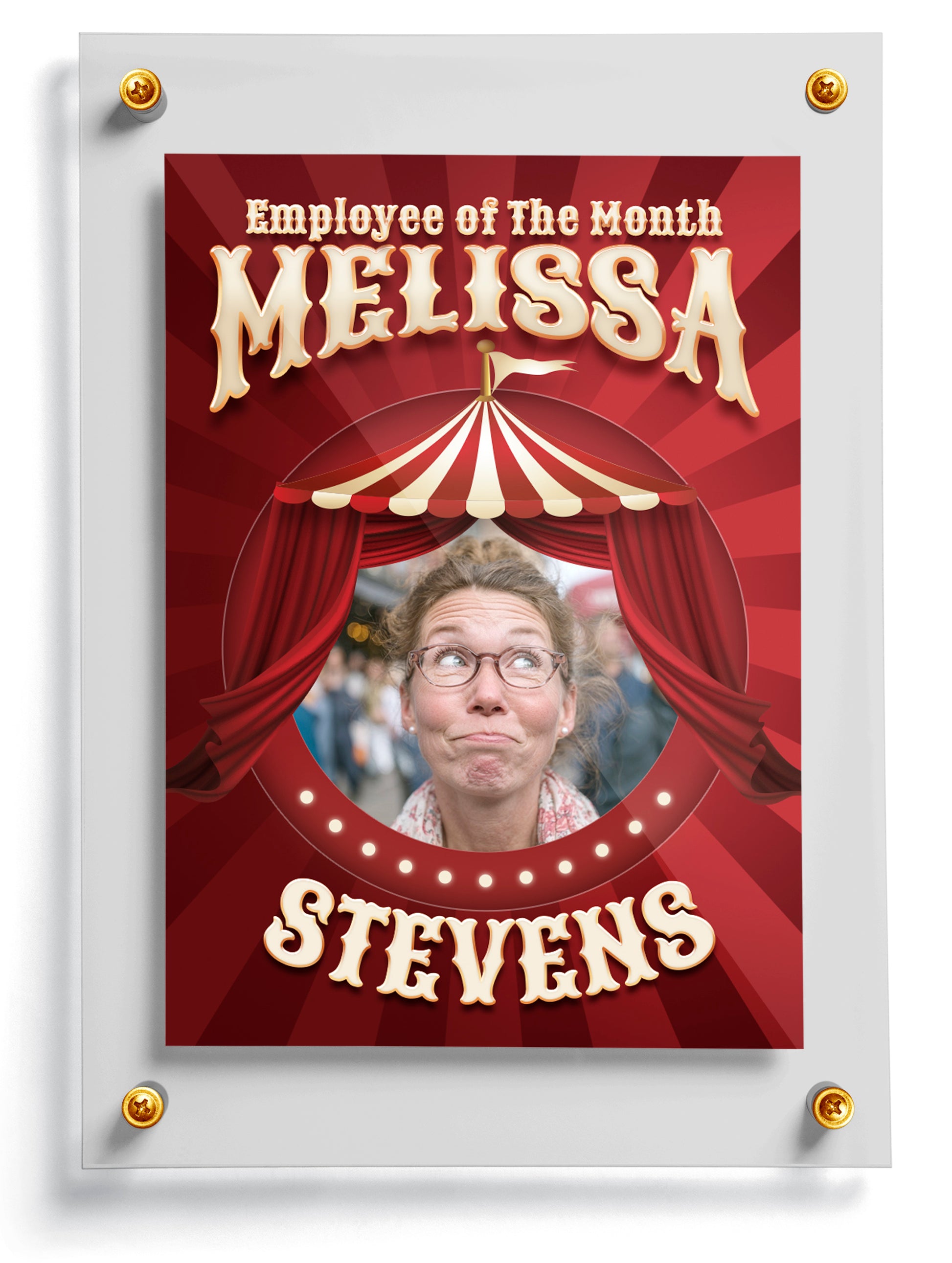 Job trading card template named Show with 'Employee of the Month' text and a person's face inside a circus tent design.
