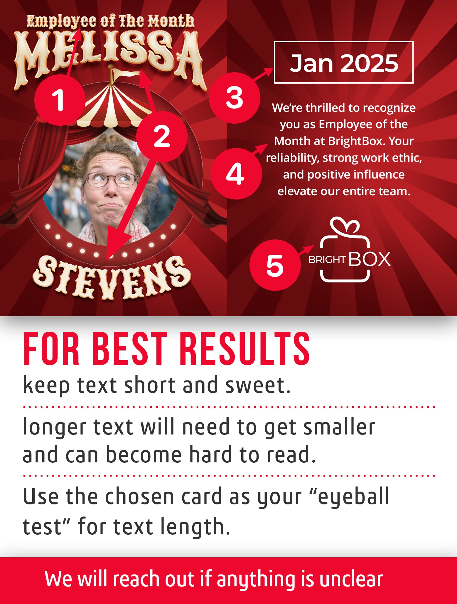 Employee of the Month trading card template named Show for Melissa Stevens with a red and white design and text.
