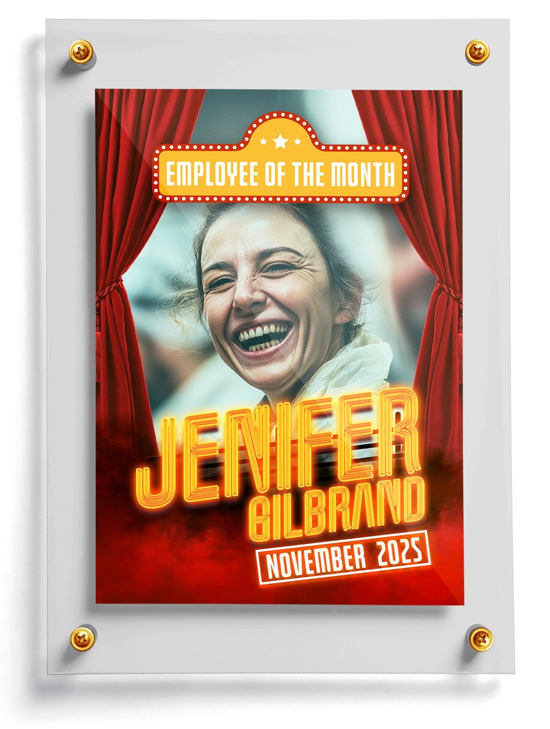 Employee of the Month trading card named Showtime with a person's face, red curtains, and text on a white background.