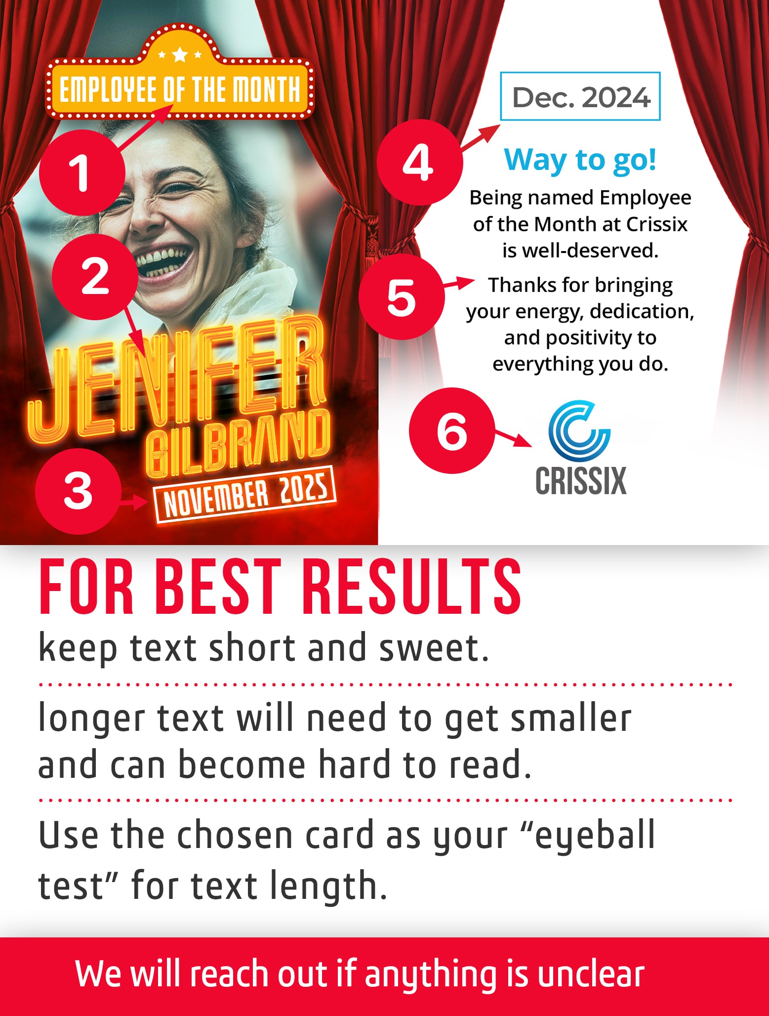 Work trading card template named Showtime for 'Employee of the Month' award featuring Jennifer Gilbrand with red curtains and text.