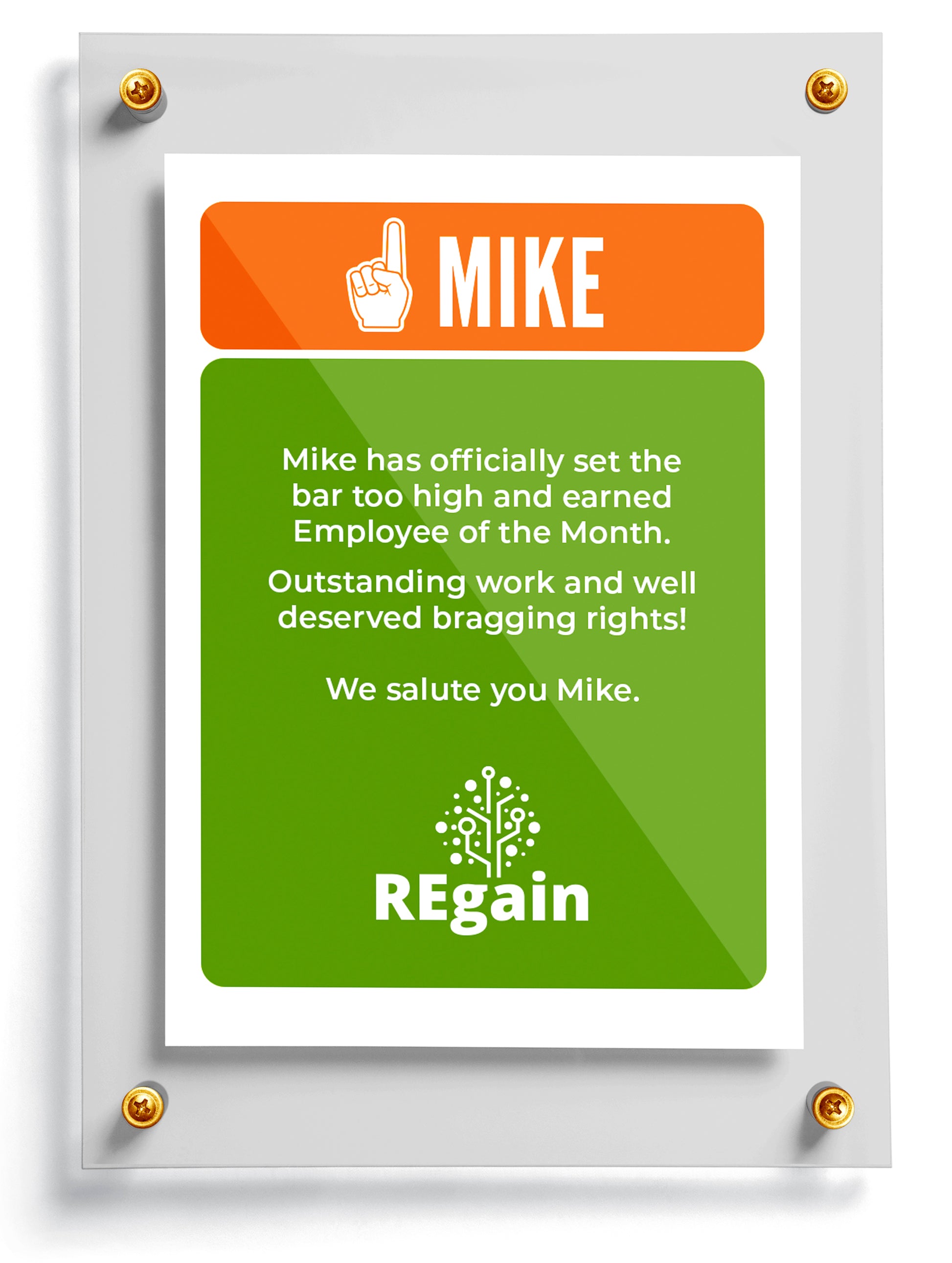 Work trading card template named Spartacus with 'MIKE' on an orange background and 'REGain' logo on a green background.
