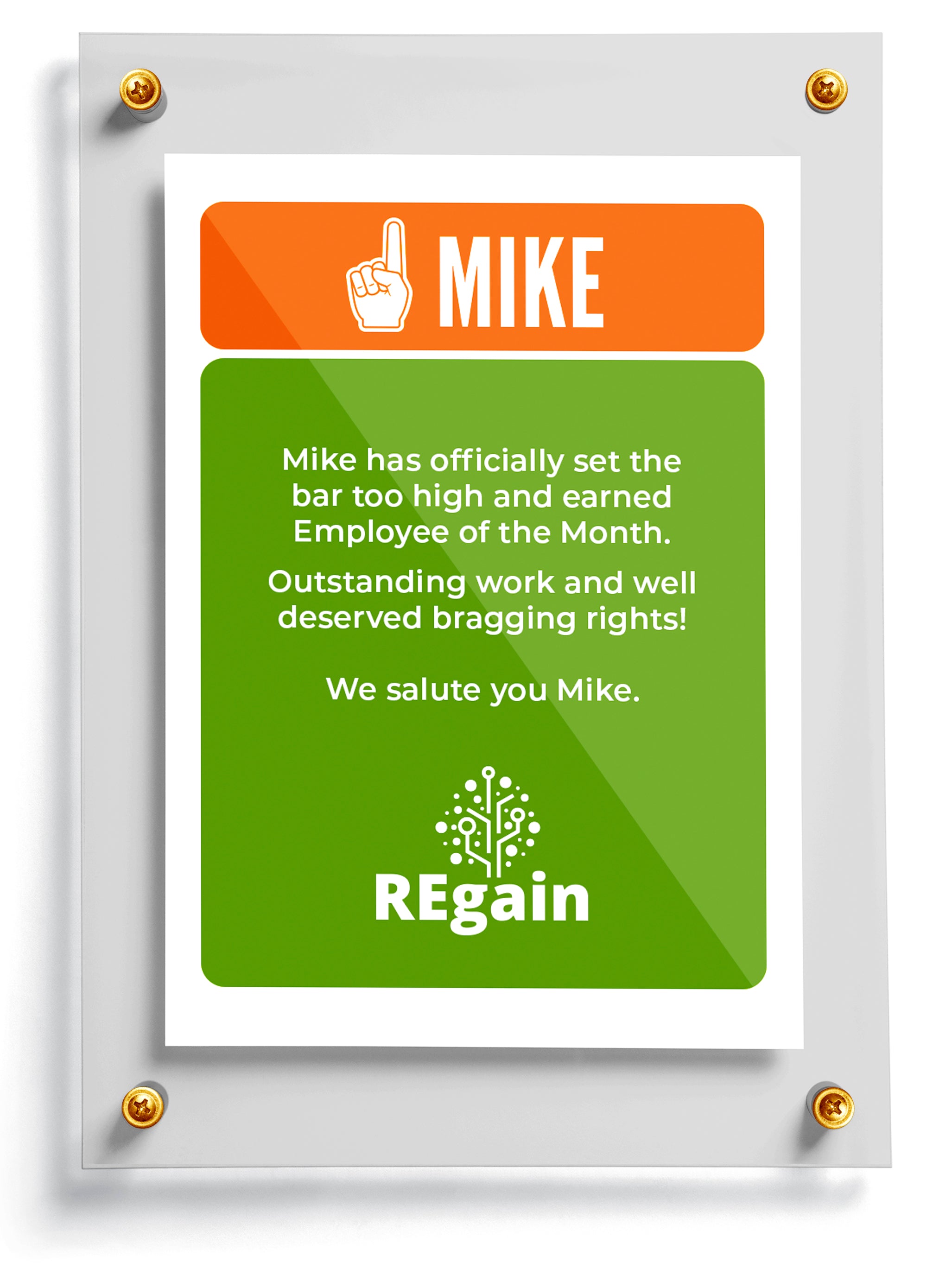 Work trading card template named Spartacus with 'MIKE' on an orange background and 'REGain' logo on a green background.