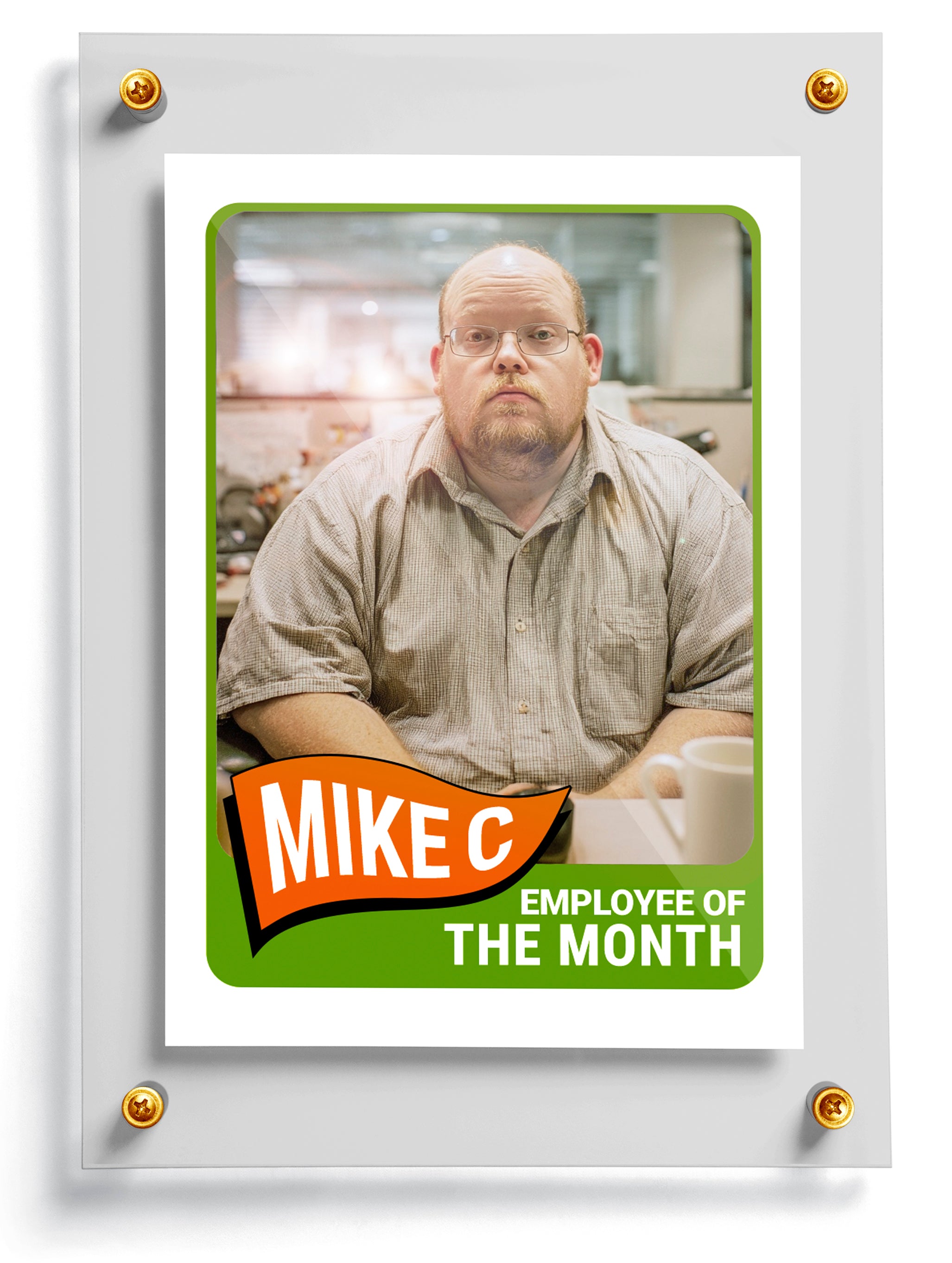 Work trading card named Spartacus with a photo of a man and 'Employee of the Month' text on a white background