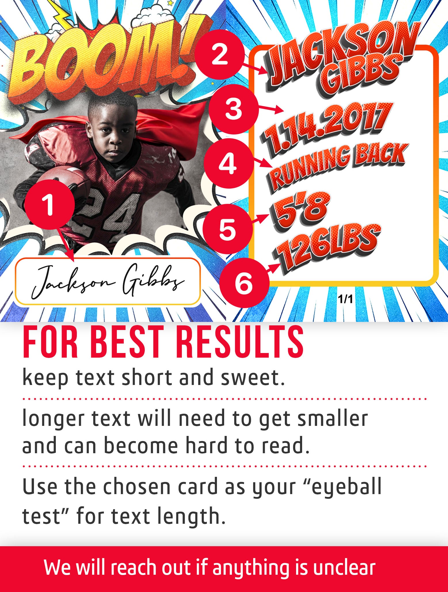 Football trading card template named Speedy with player information and customization instructions. 