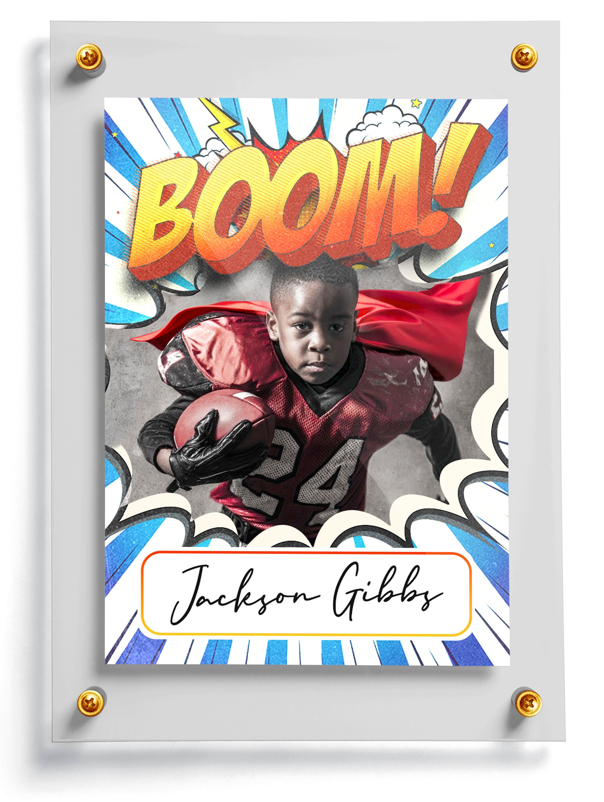Comic style sports card template named Speedy with a child in a superhero costume and 'BOOM!' text, featuring the name Jackson Gibbs.