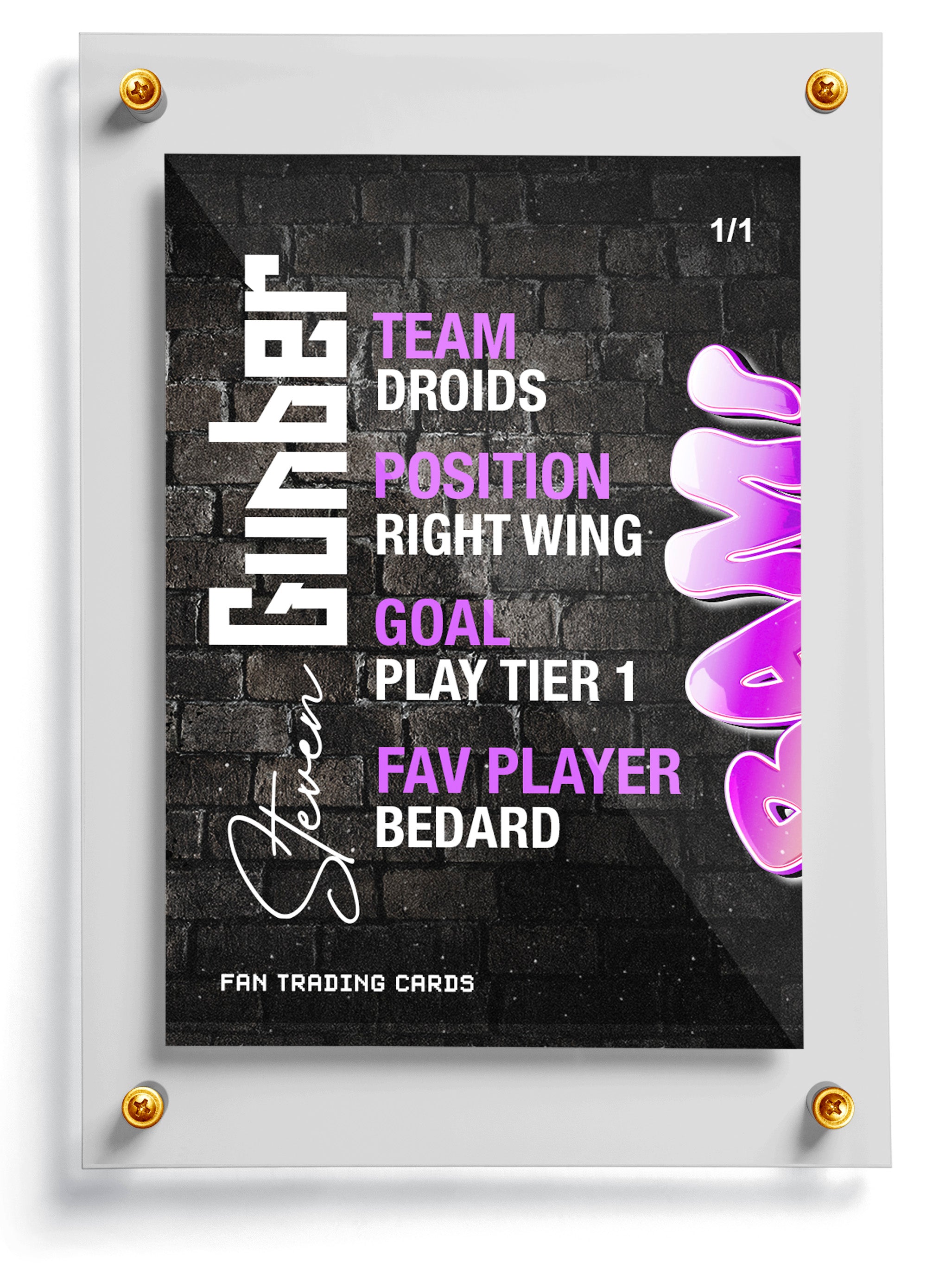 Trading card template named Spray with player information on a black background