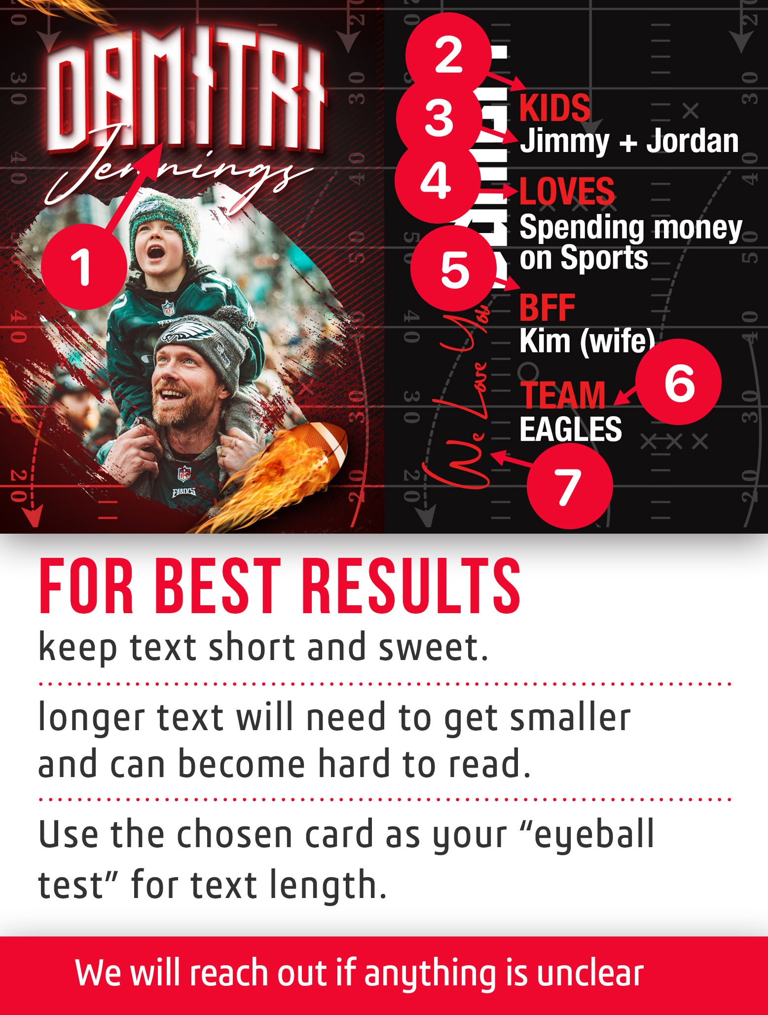 Football dad trading card template named Stadium with customization instructions. 