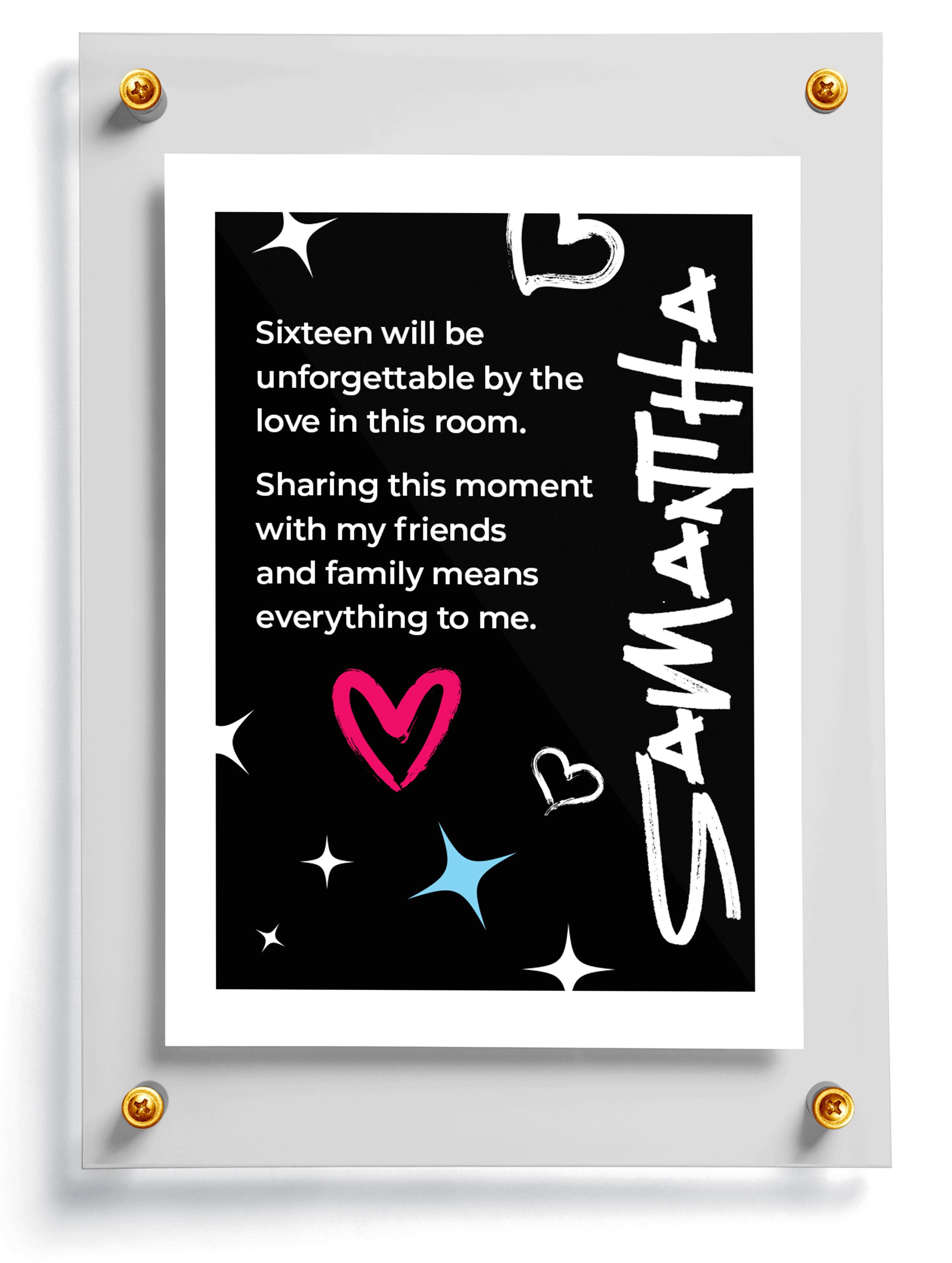 Stars trading card template for sweet 16 with decorative elements on a black background