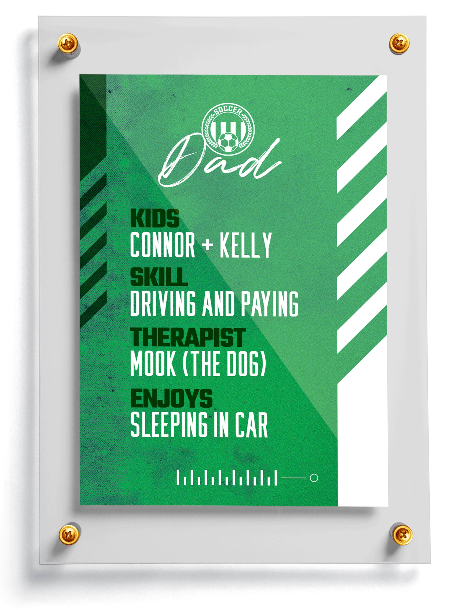 Soccer dad trading card template named Striker, back side. 