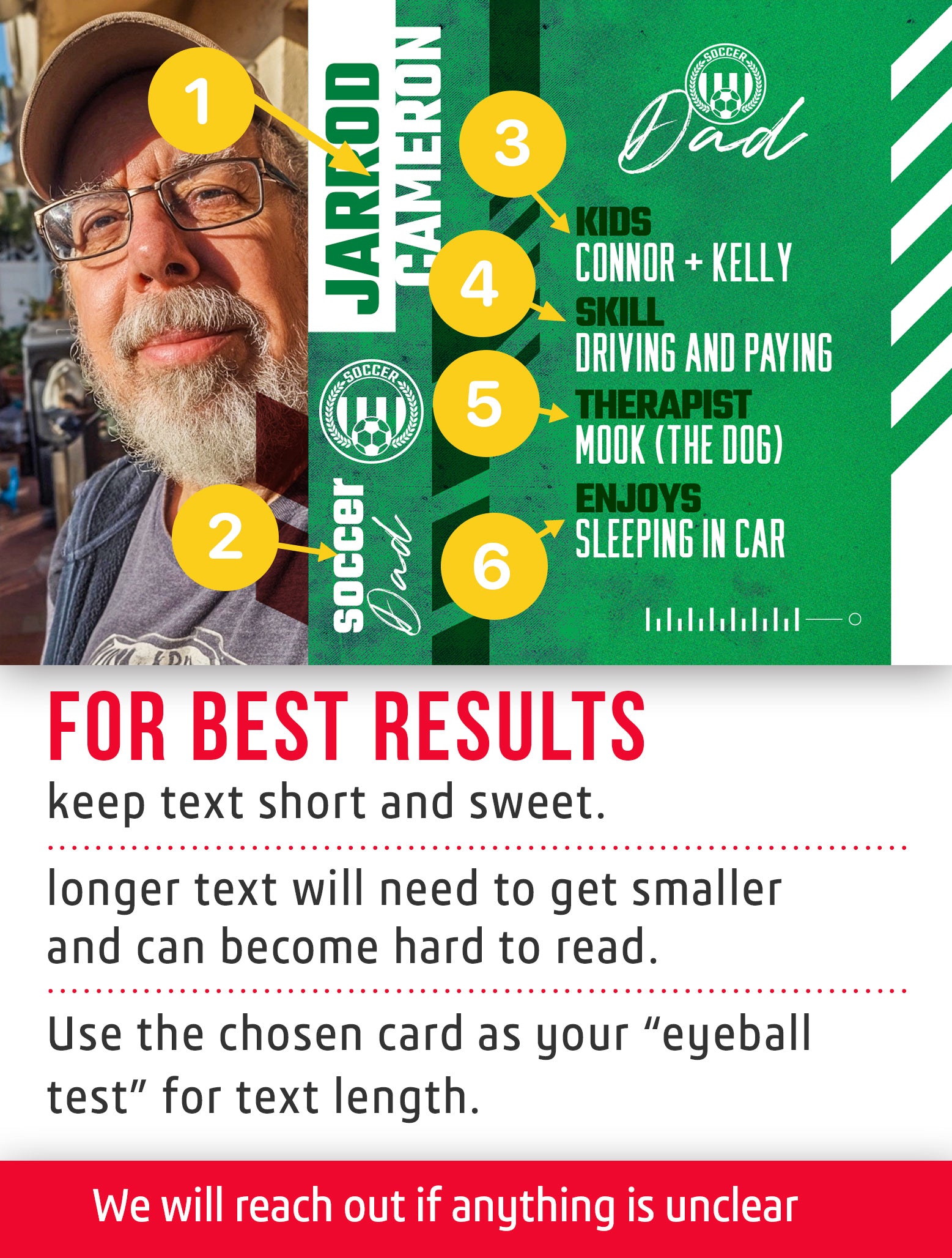 Soccer dad trading card template named Striker with customization instructions.