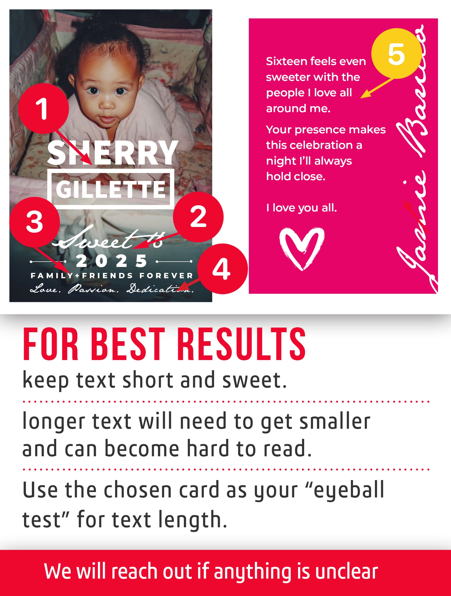 Sweet 16 trading card template with text and a photo of a child, featuring the name Sherry Gillette and a message from Jamie Barrios.