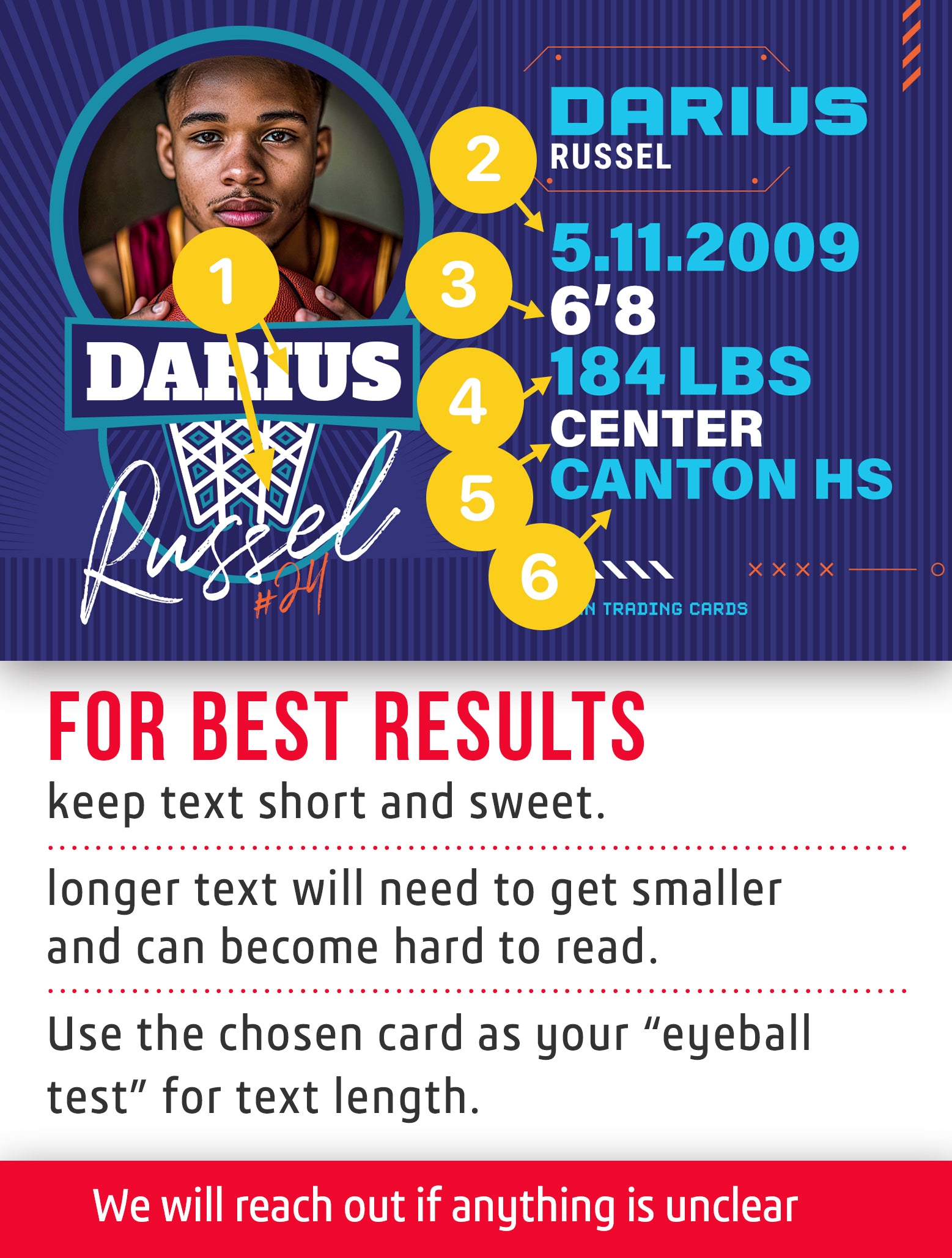 Basketball trading card template named Swish with customization instructions. 