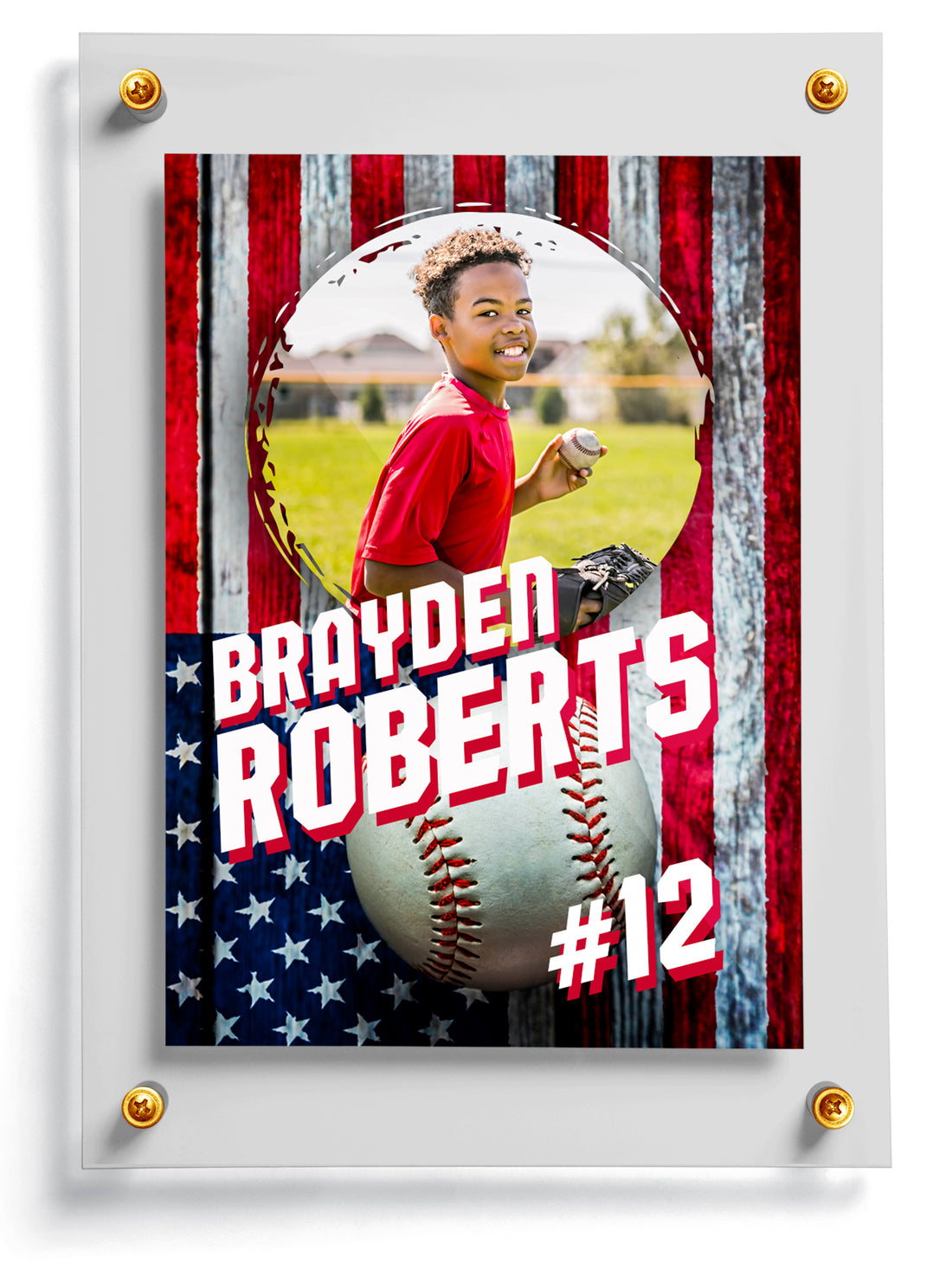 Baseball trading card template named USA with a photo of a player holding a baseball, American flag background, and text 'Brayden Roberts #12'.
