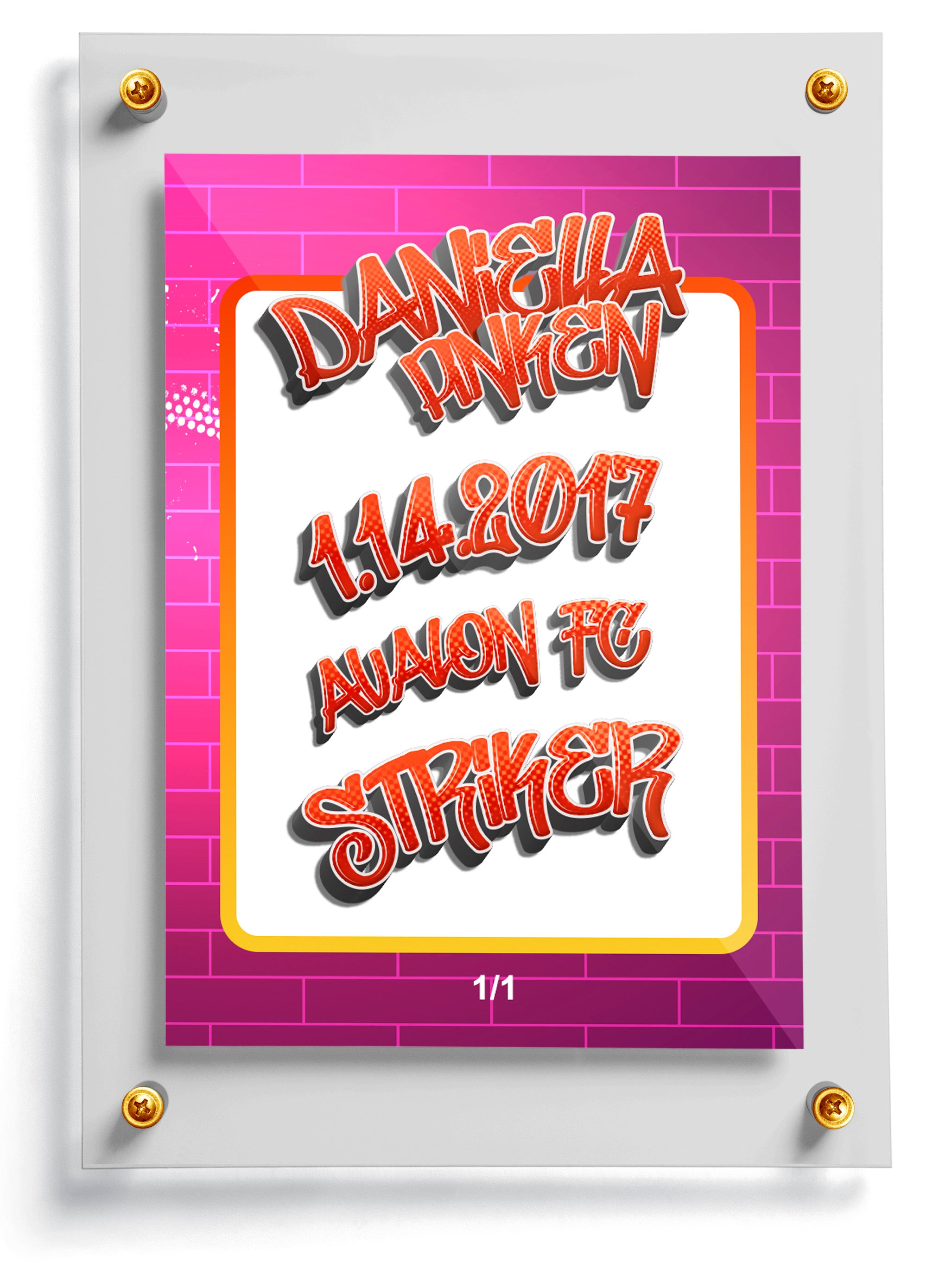 Wall trading card template with stylized text on a pink grid background