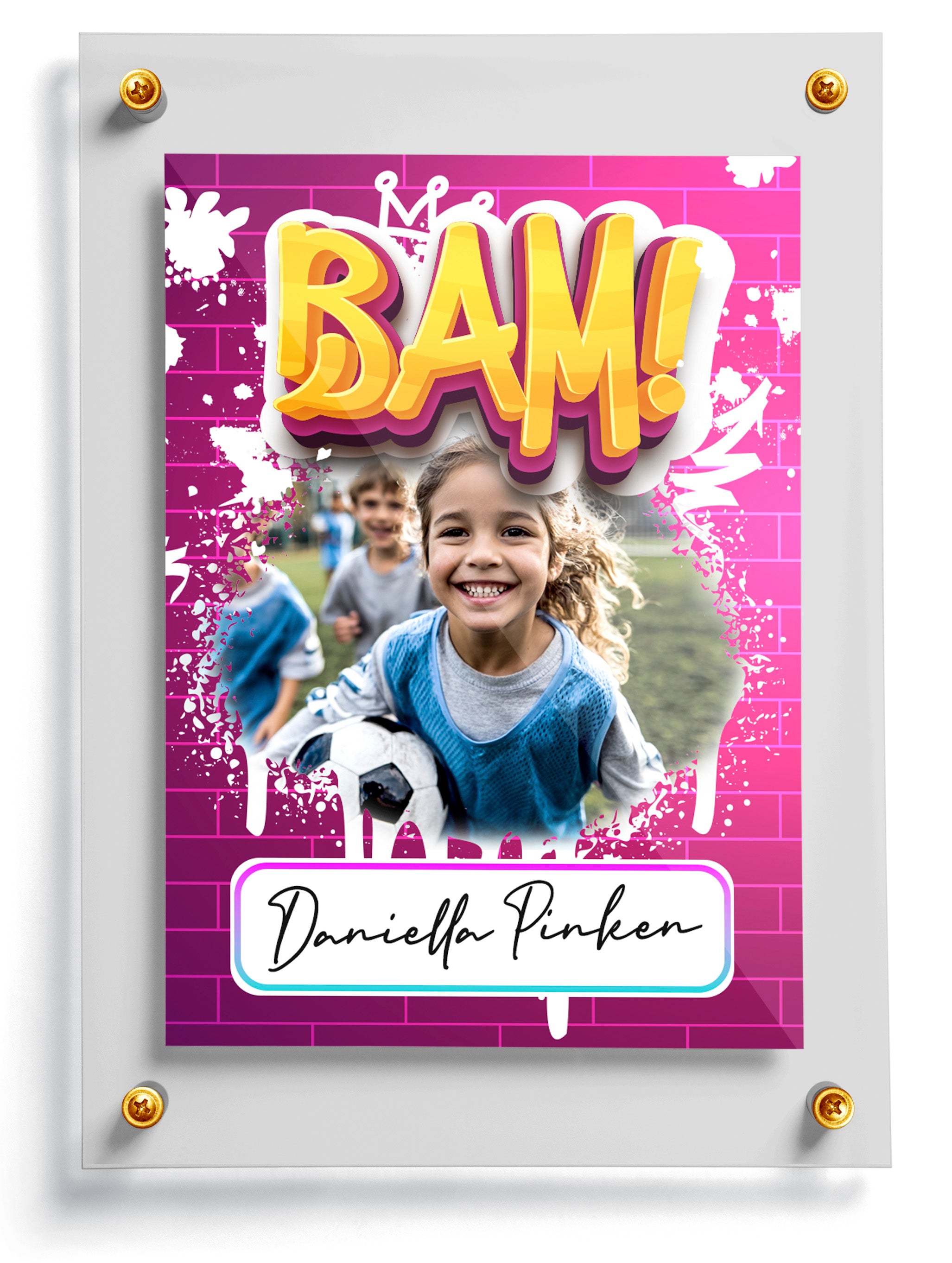 Wall children's customized trading card template with 'BAM!' design and a child holding a soccer ball.