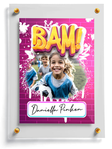 Wall children's customized trading card template with 'BAM!' design and a child holding a soccer ball.