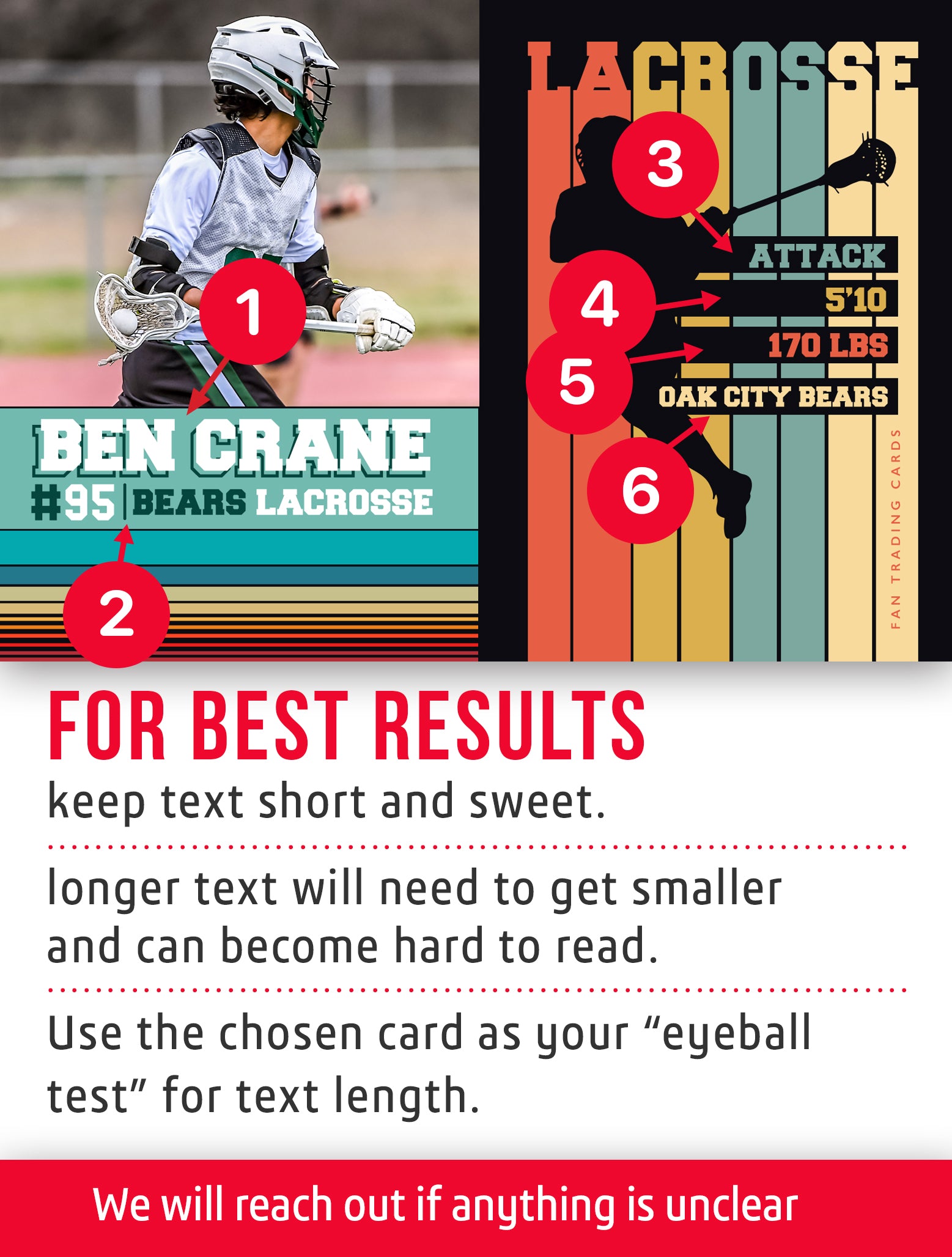 Lacrosse trading card template named Whip with customization instructions.