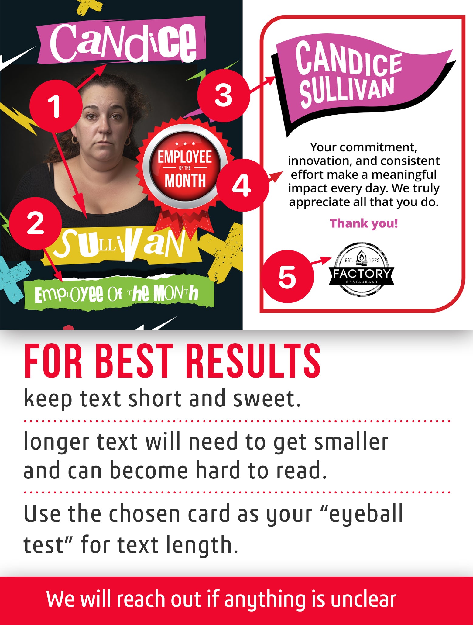 Employee of the month trading card template for Candice Sullivan, Employee of the Month, with colorful design elements and text.