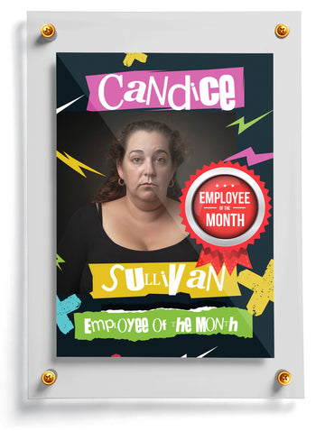 Employee of the Month trading card template named WooHoo with text and colorful design elements.