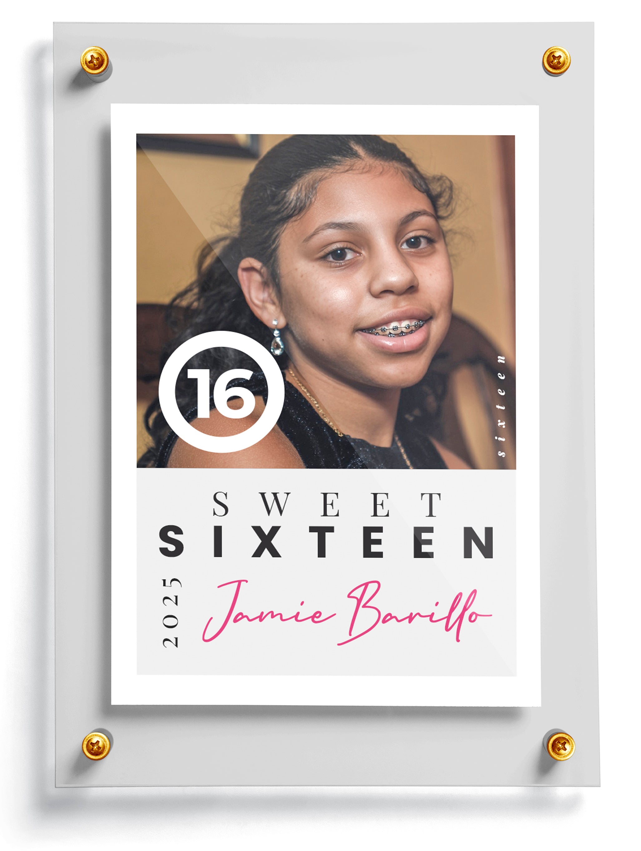 Sweet Sixteen trading card template named Yay with a photo of a young girl, featuring the number 16 and text.