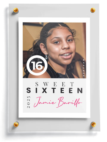 Sweet Sixteen trading card template named Yay with a photo of a young girl, featuring the number 16 and text.