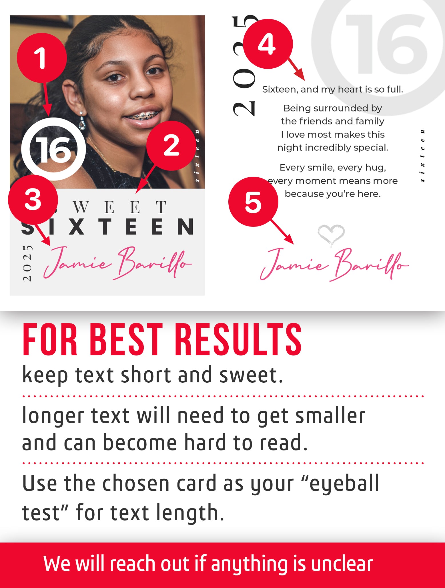 Personalized trading card template for Sweet 16 with a young girl's photo and text, featuring the brand 'Jamie Barillo'.