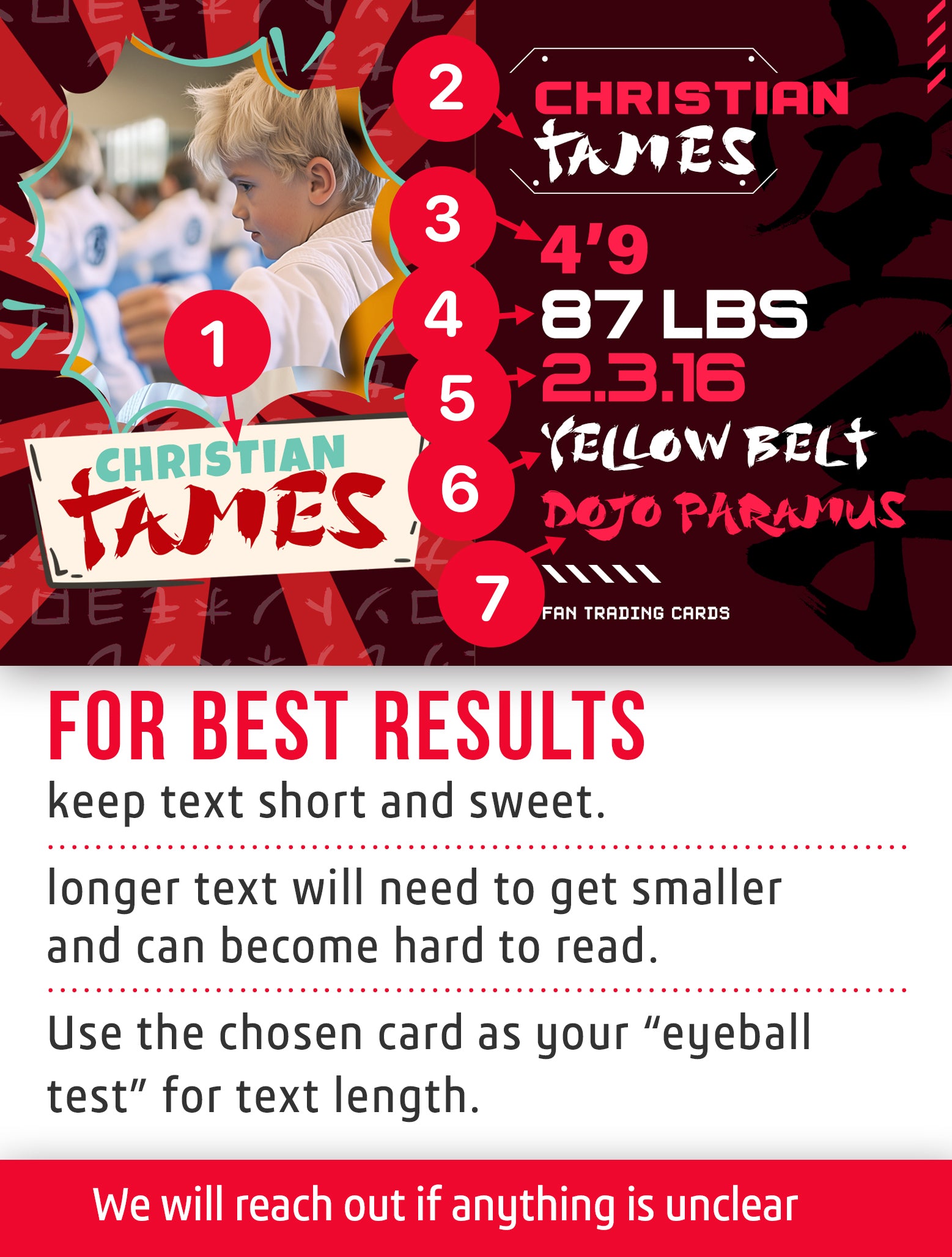 Karate trading card template named Zuki with customization instructions. 